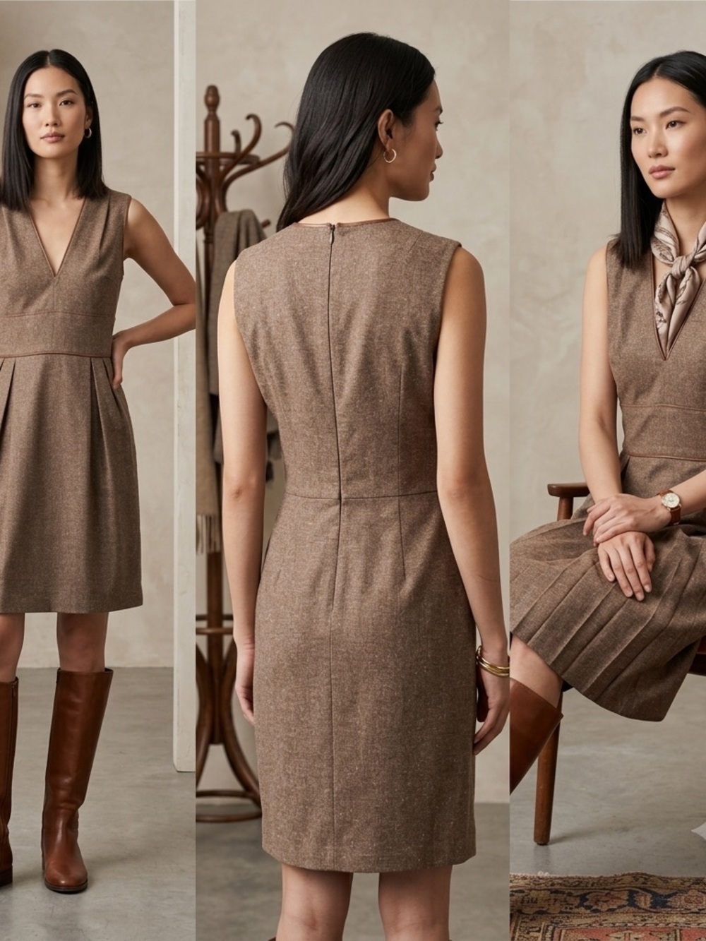 Adam Lippes Brown Wool Silk Sleeveless Shift Dress Old Money Preppy Women’s US 2